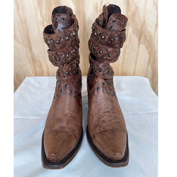 Lane Studded Leather Ankle Boots 9.5 Brown Western Cowgirl Strappy Booties - Picture 3 of 8